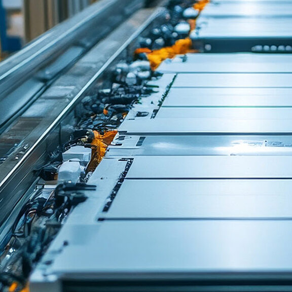 Eine Fertigungsstraße mit großen rechteckigen Batteriezellen, die in einer modernen Fabrik zusammengebaut werden.