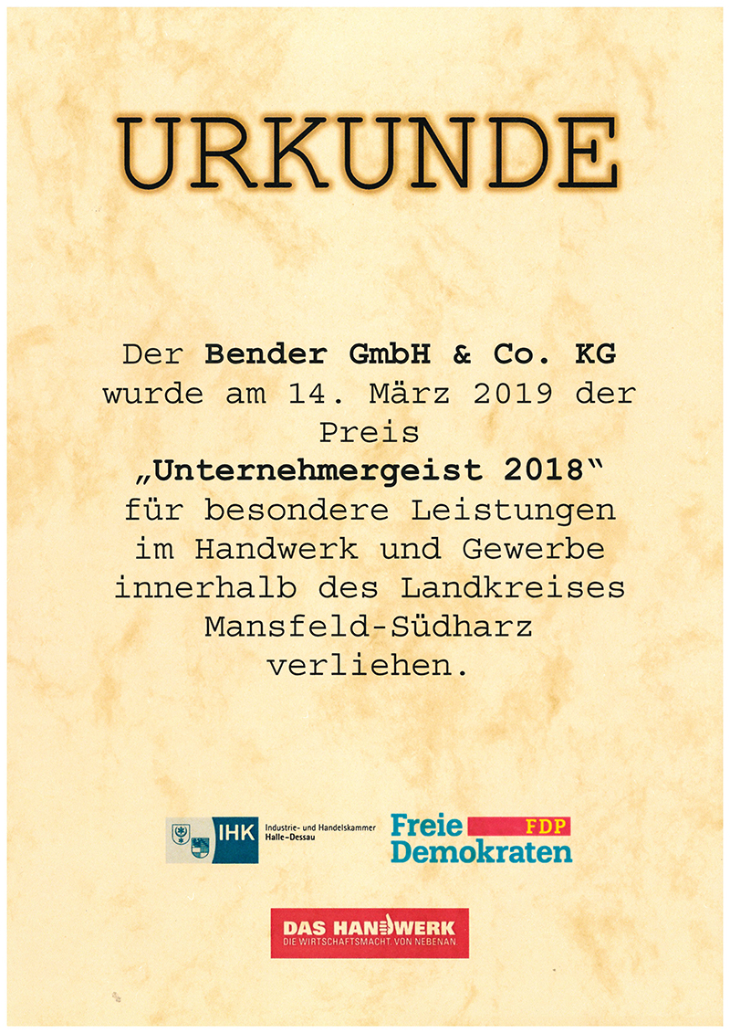 Bender erhält Auszeichnung "Unternehmergeist Mansfeld-Südharz 2018" Bender erhält Auszeichnung "Unternehmergeist Mansfeld-Südharz 2018"