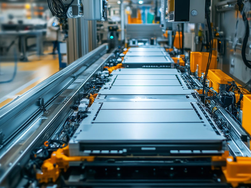 Eine Fertigungsstraße mit großen rechteckigen Batteriezellen, die in einer modernen Fabrik zusammengebaut werden.