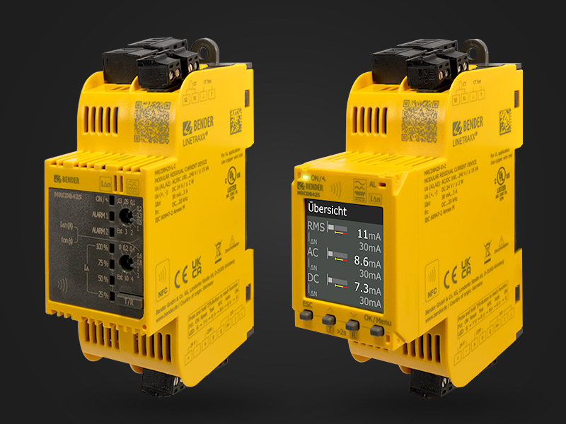 Zwei gelbe Geräte MRCDB425 für den Schaltschrank vor einem schwarzen Hintergrund