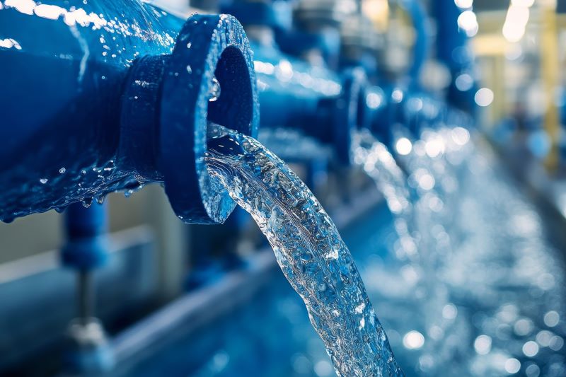 Frischwasser fließt aus einem blauen Metallrohr