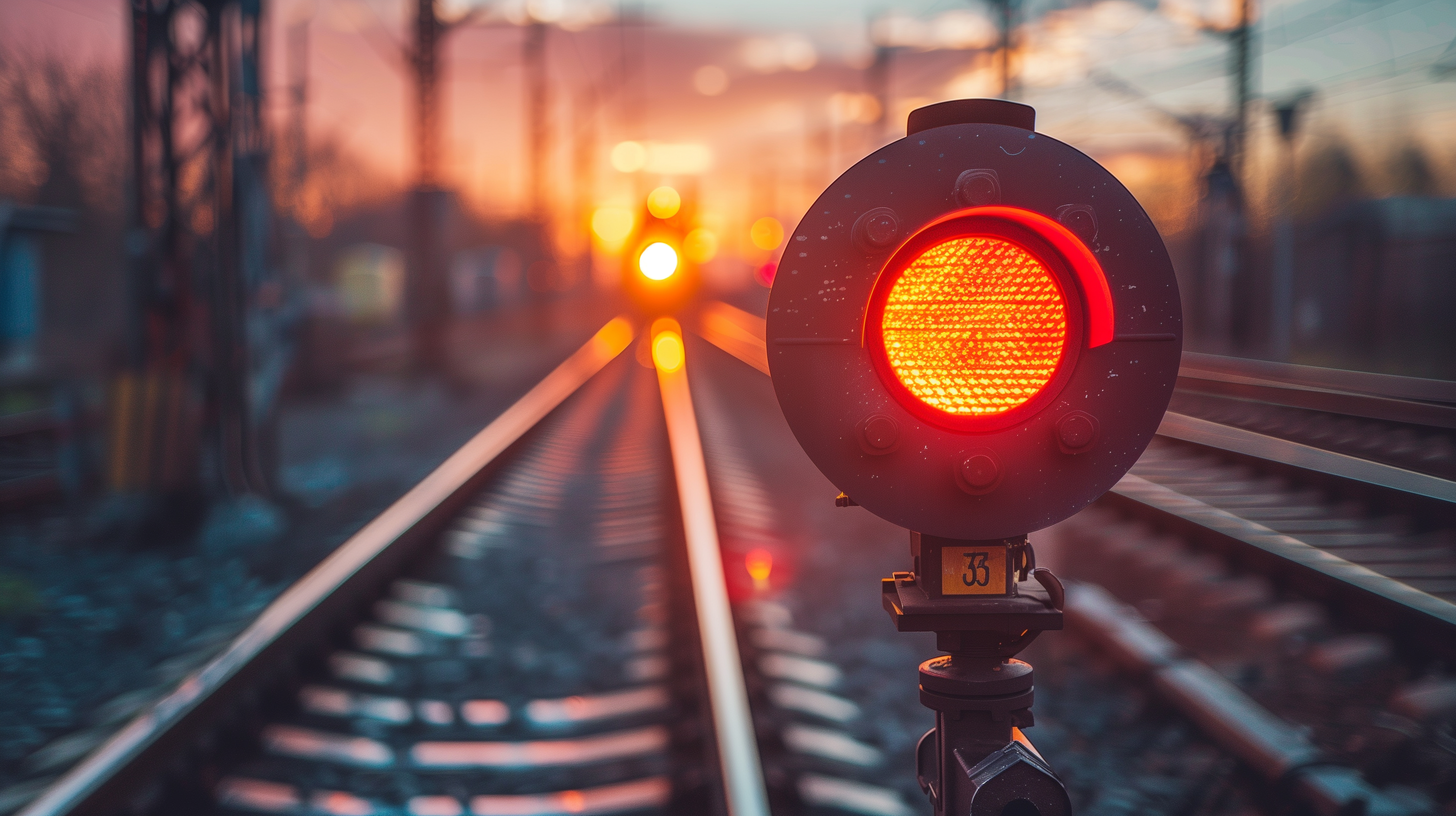 Bahngleise und ein rot leuchtendes Signal.